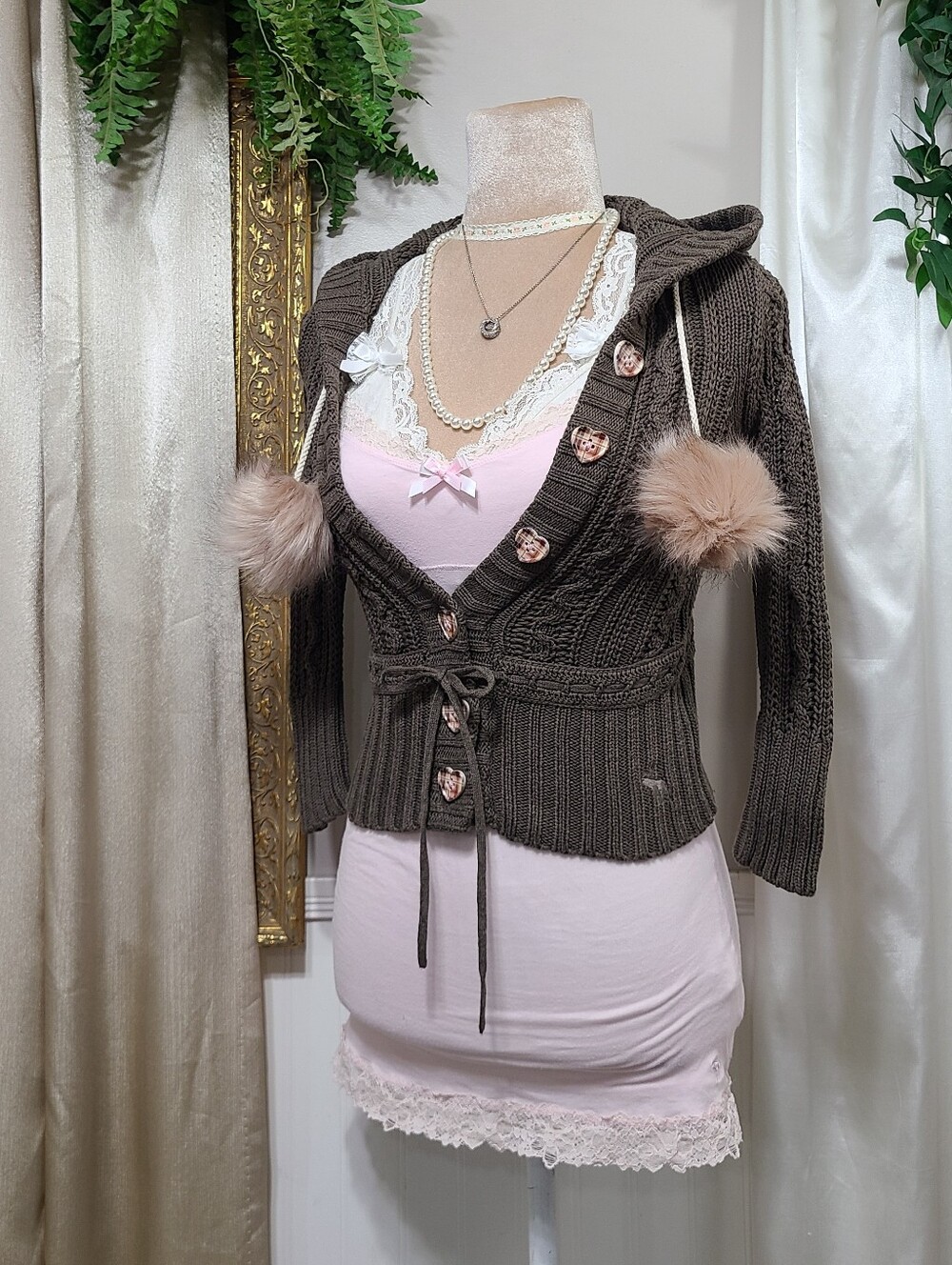 Vintage Abercrombie Brown Plaid Hearts Buttons Babydoll Sweater Furry Pom Poms - Picture 2 of 10